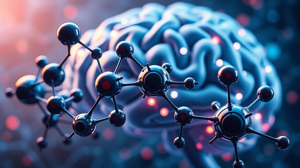 A futuristic illustration of molecular electronics and neuromorphic computing devices with a brain-like structure in the background, showcasing the concept of shape-shifting molecules and intelligent materials.
