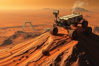 A detailed illustration of NASA's Mars rover discovering something unexpected on top of Mars's biggest volcano, with a stunning Martian landscape in the background