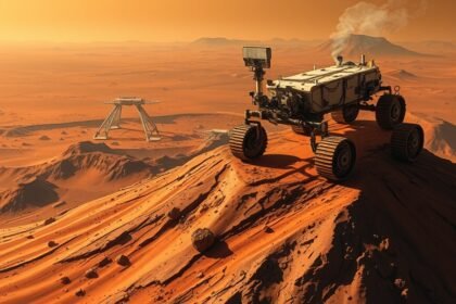 A detailed illustration of NASA's Mars rover discovering something unexpected on top of Mars's biggest volcano, with a stunning Martian landscape in the background