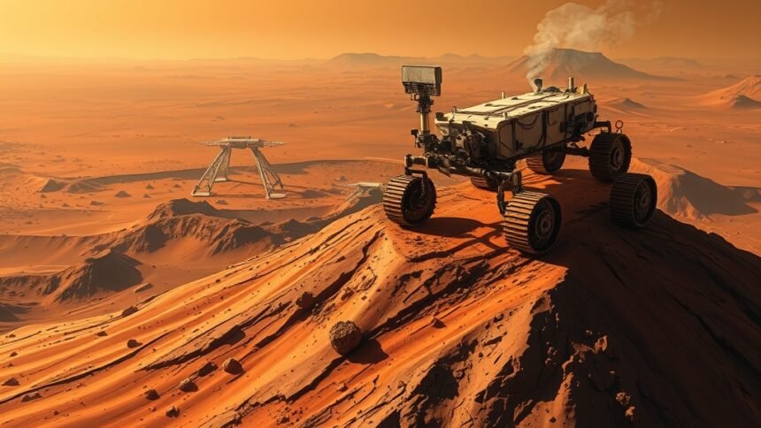 A detailed illustration of NASA's Mars rover discovering something unexpected on top of Mars's biggest volcano, with a stunning Martian landscape in the background