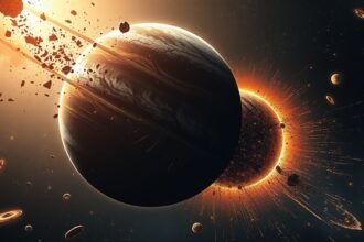 A dramatic illustration of a planet colliding with another celestial body in space, with debris and dust scattered everywhere
