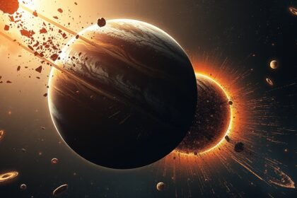 A dramatic illustration of a planet colliding with another celestial body in space, with debris and dust scattered everywhere