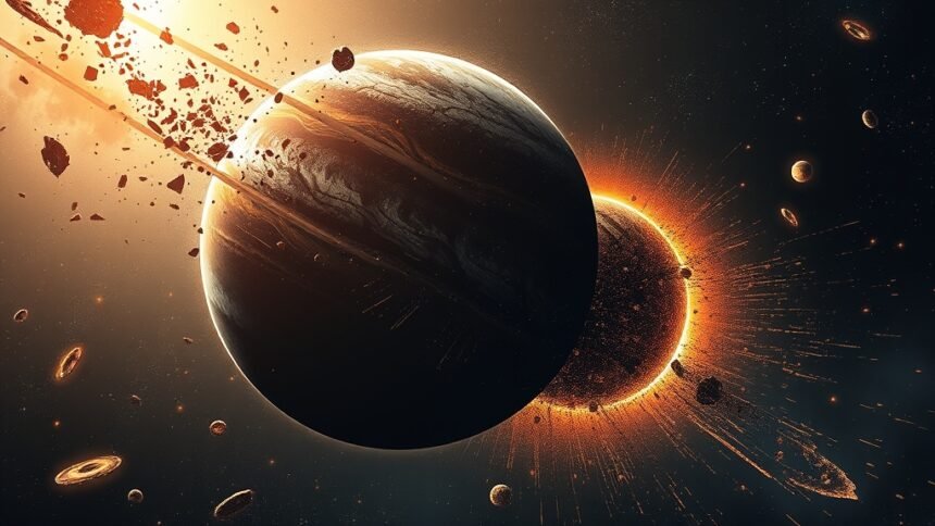 A dramatic illustration of a planet colliding with another celestial body in space, with debris and dust scattered everywhere