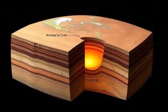 An illustration of the Earth's crust with a cross-section showing the Archean era's crustal structure, including the process of eclogitization and radiogenic heat production