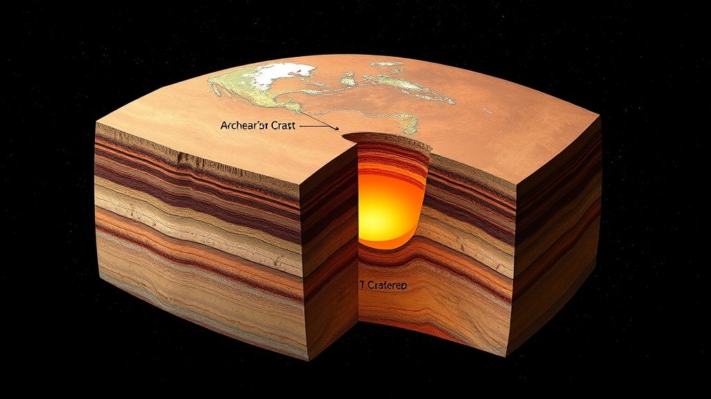An illustration of the Earth's crust with a cross-section showing the Archean era's crustal structure, including the process of eclogitization and radiogenic heat production