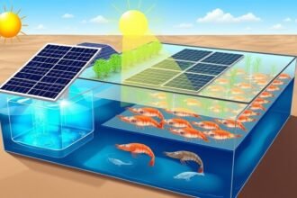 A detailed illustration of a photovoltaic fishery breeding model with Litopenaeus vannamei in a sustainable aquaculture setup, highlighting the interaction between the solar panels, water, and the shrimp