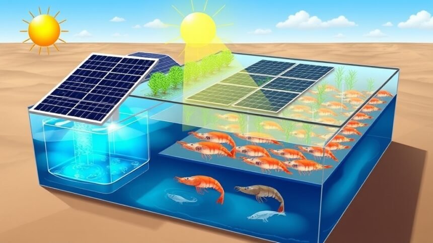 A detailed illustration of a photovoltaic fishery breeding model with Litopenaeus vannamei in a sustainable aquaculture setup, highlighting the interaction between the solar panels, water, and the shrimp