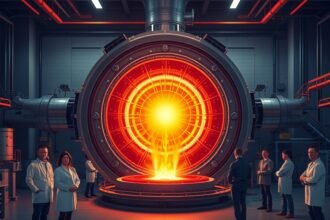 An illustration of a tokamak device with a bright, glowing plasma at its center, surrounded by scientists and engineers in a laboratory setting