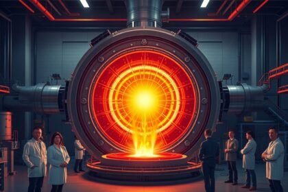 An illustration of a tokamak device with a bright, glowing plasma at its center, surrounded by scientists and engineers in a laboratory setting