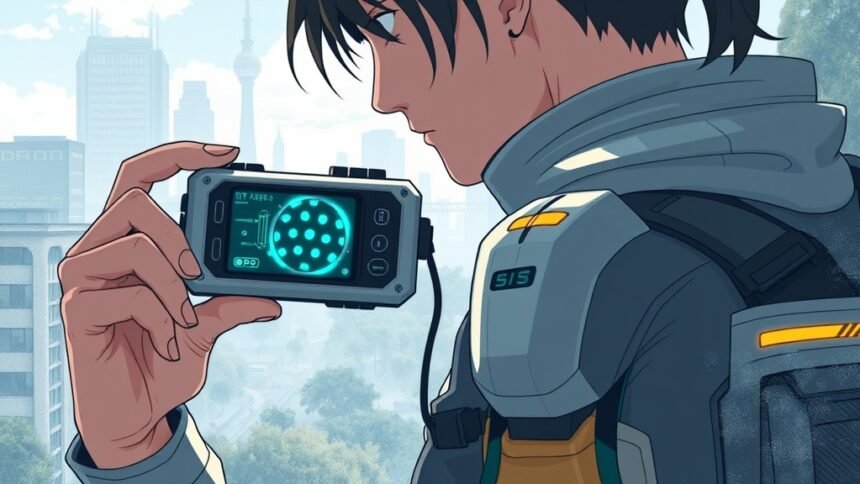 A futuristic illustration of a person holding a tricorder-like device, with a cityscape or a natural environment in the background, symbolizing the intersection of technology and everyday life.