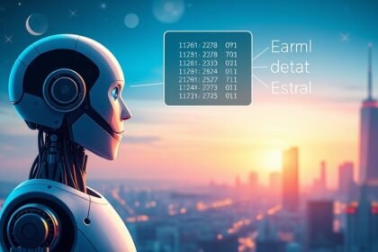 A futuristic illustration of a robot learning from a small dataset, with a cityscape in the background, symbolizing the potential of AI to learn from limited data.