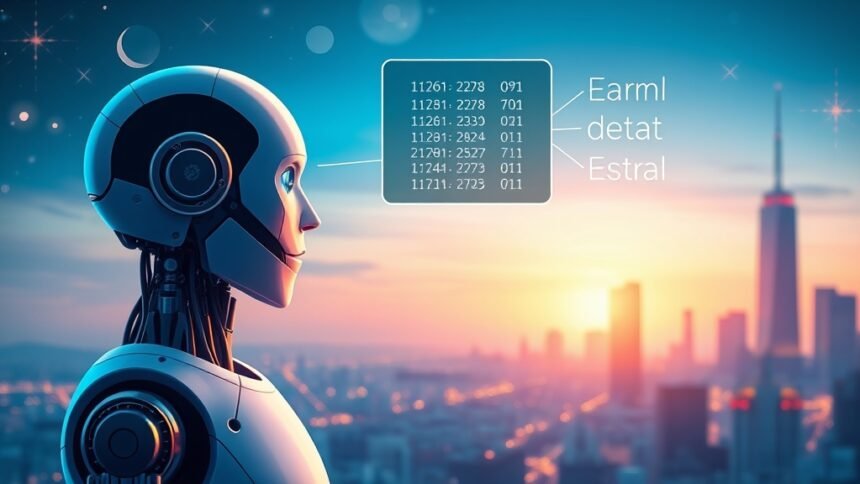 A futuristic illustration of a robot learning from a small dataset, with a cityscape in the background, symbolizing the potential of AI to learn from limited data.