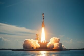 A high-resolution image of a SpaceX Falcon 9 rocket launching into the sky, with the Starlink satellites visible in the payload fairing, against a backdrop of a sunny day with a few clouds, and a subtle reflection of the rocket on a nearby body of water.