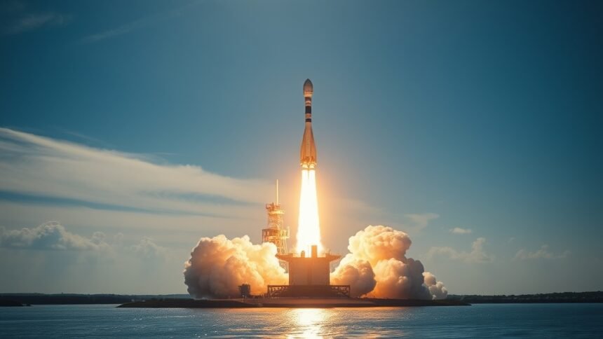 A high-resolution image of a SpaceX Falcon 9 rocket launching into the sky, with the Starlink satellites visible in the payload fairing, against a backdrop of a sunny day with a few clouds, and a subtle reflection of the rocket on a nearby body of water.