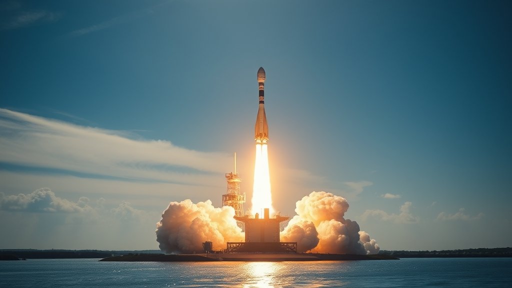 A high-resolution image of a SpaceX Falcon 9 rocket launching into the sky, with the Starlink satellites visible in the payload fairing, against a backdrop of a sunny day with a few clouds, and a subtle reflection of the rocket on a nearby body of water.