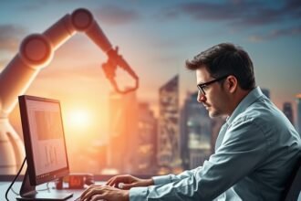 A photo of a physicist working on a computer with a background of a robotic arm and a cityscape, symbolizing the intersection of technology and human life.