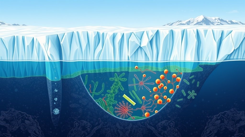 An illustration of a glacier with a cross-section revealing a thriving subglacial microbiome, with microorganisms and oxygen molecules interacting in a complex ecosystem.
