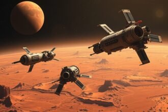 A detailed illustration of NASA's ESCAPADE probes in space, with Mars in the background, showcasing the probes' unique design and the Martian landscape.