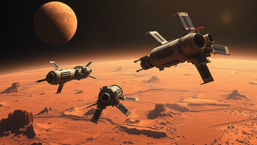A detailed illustration of NASA's ESCAPADE probes in space, with Mars in the background, showcasing the probes' unique design and the Martian landscape.