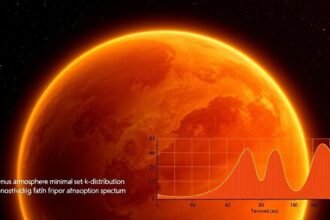 An illustration of the Venus atmosphere with a graph showing the thermal infrared absorption spectrum, highlighting the importance of vertically resolved minimal-set k-distribution in understanding the planet's atmospheric phenomena.