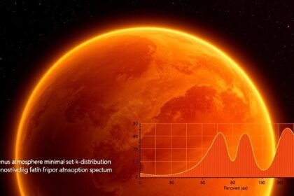 An illustration of the Venus atmosphere with a graph showing the thermal infrared absorption spectrum, highlighting the importance of vertically resolved minimal-set k-distribution in understanding the planet's atmospheric phenomena.