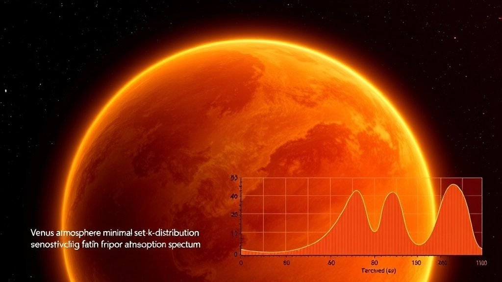 An illustration of the Venus atmosphere with a graph showing the thermal infrared absorption spectrum, highlighting the importance of vertically resolved minimal-set k-distribution in understanding the planet's atmospheric phenomena.