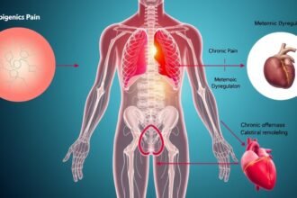 An illustration of the human body with epigenetic and endocrine system interactions, highlighting the connections between chronic pain, metabolic dysregulation, and cardiovascular remodeling.