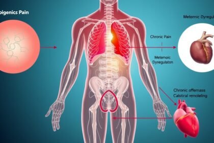 An illustration of the human body with epigenetic and endocrine system interactions, highlighting the connections between chronic pain, metabolic dysregulation, and cardiovascular remodeling.