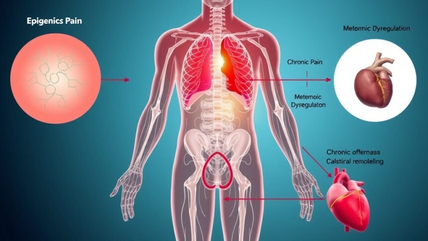 An illustration of the human body with epigenetic and endocrine system interactions, highlighting the connections between chronic pain, metabolic dysregulation, and cardiovascular remodeling.