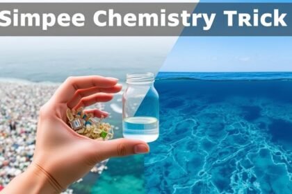 A visual representation of a person holding a small container with a mixture of chemicals, with a background of a polluted ocean and a clean ocean, symbolizing the potential of a simple chemistry trick to eradicate plastic pollution.
