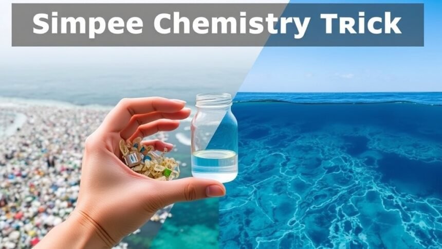A visual representation of a person holding a small container with a mixture of chemicals, with a background of a polluted ocean and a clean ocean, symbolizing the potential of a simple chemistry trick to eradicate plastic pollution.