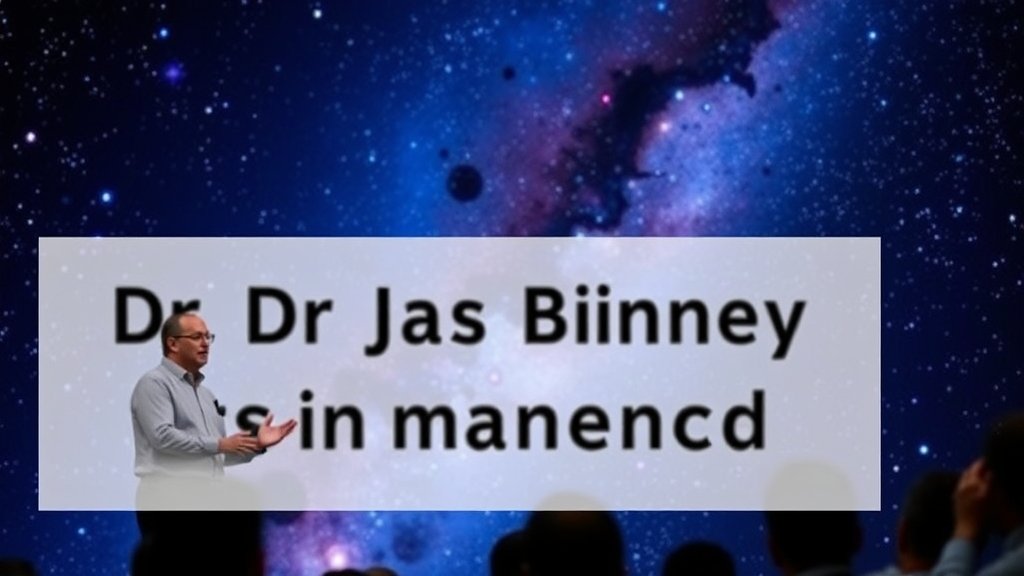 A photo of Dr James Binney speaking at a conference, with a background of stars and galaxies.