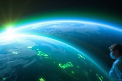 A visual representation of the Earth's atmosphere with a green glow, highlighting the presence of an ancient gas, with a subtle hint of a scientist in the background analyzing data.