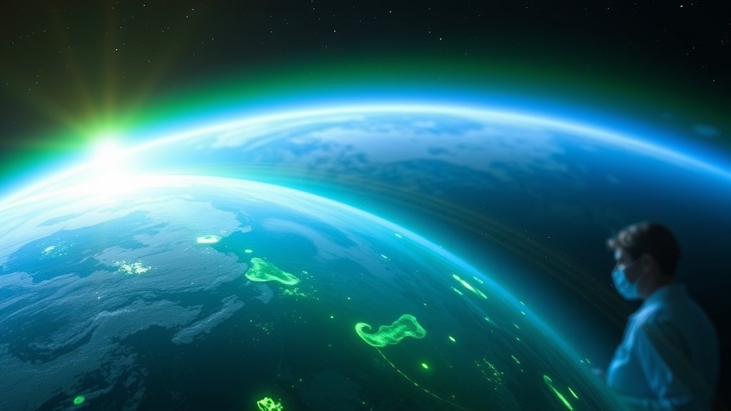 A visual representation of the Earth's atmosphere with a green glow, highlighting the presence of an ancient gas, with a subtle hint of a scientist in the background analyzing data.