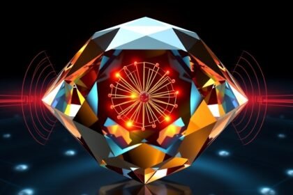 An illustration of a diamond with quantum spins and microwave signals, representing the concept of self-sustaining microwave signals generated by quantum disorder.