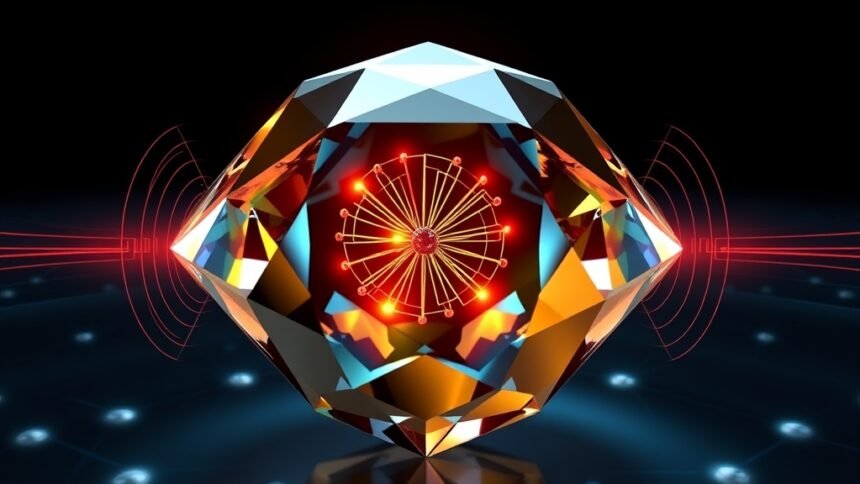 An illustration of a diamond with quantum spins and microwave signals, representing the concept of self-sustaining microwave signals generated by quantum disorder.