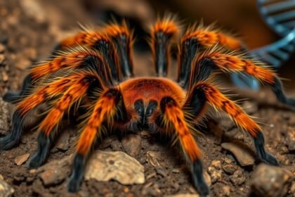 A high-quality image of the Orange Baboon Tarantula (Pterinochilus murinus) in its natural habitat, with a subtle background hint of DNA helices or genome sequencing elements.