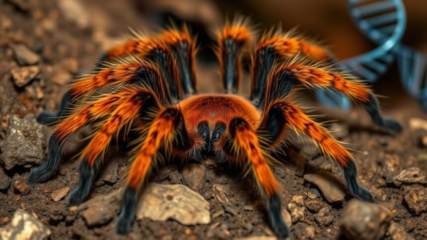 A high-quality image of the Orange Baboon Tarantula (Pterinochilus murinus) in its natural habitat, with a subtle background hint of DNA helices or genome sequencing elements.