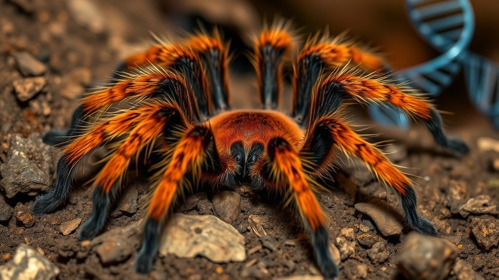 A high-quality image of the Orange Baboon Tarantula (Pterinochilus murinus) in its natural habitat, with a subtle background hint of DNA helices or genome sequencing elements.
