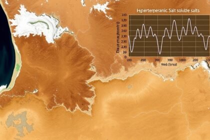 A satellite image of a hyper-arid basin with visible salt deposits and a graph showing the spatiotemporal dynamics of soluble salts in the background.