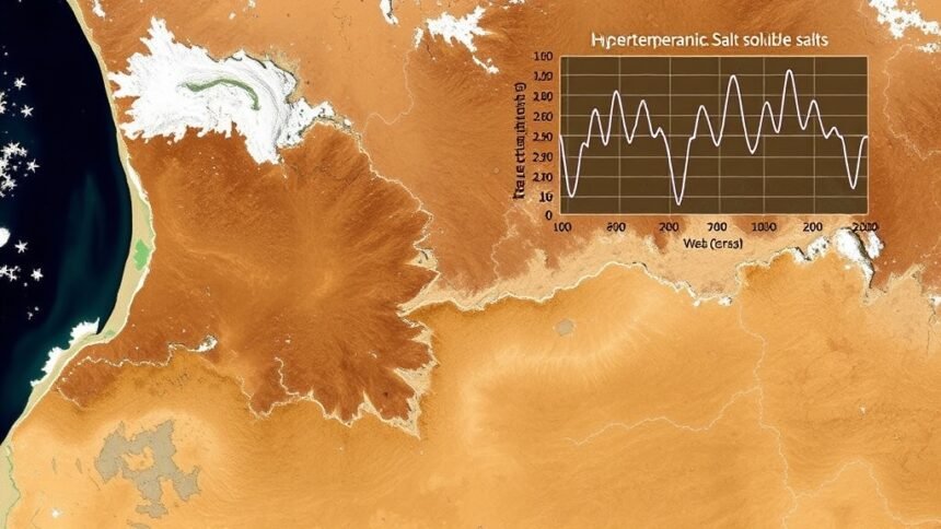 A satellite image of a hyper-arid basin with visible salt deposits and a graph showing the spatiotemporal dynamics of soluble salts in the background.