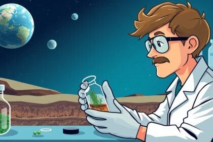 An illustration of a scientist in a laboratory studying a sample of subsurface microorganisms, with a background image of the Earth's crust and a distant planet