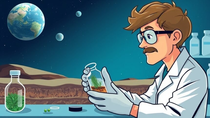 An illustration of a scientist in a laboratory studying a sample of subsurface microorganisms, with a background image of the Earth's crust and a distant planet
