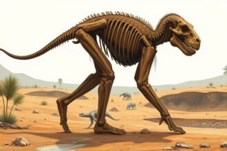 A detailed illustration of a ancient human ancestor walking upright in a prehistoric landscape with a subtle background of a fossil excavation site