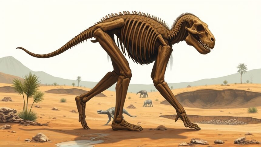 A detailed illustration of a ancient human ancestor walking upright in a prehistoric landscape with a subtle background of a fossil excavation site