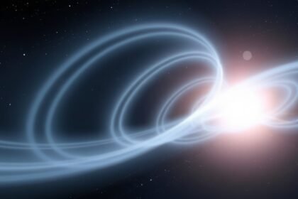 A conceptual illustration of gravitational waves emanating from a cosmic event, with a subtle, mysterious background representing dark matter, set against a starry night sky.