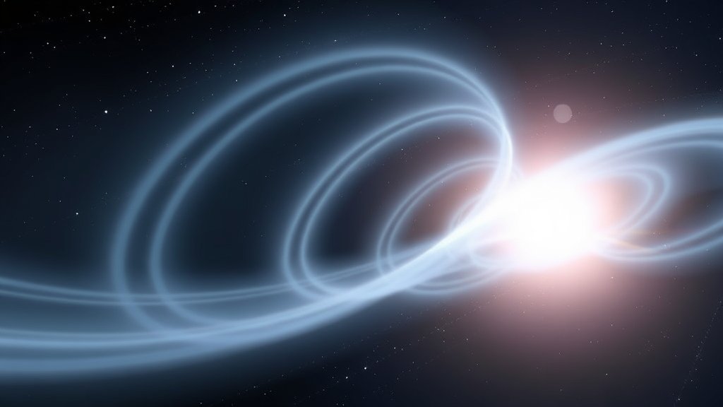 A conceptual illustration of gravitational waves emanating from a cosmic event, with a subtle, mysterious background representing dark matter, set against a starry night sky.