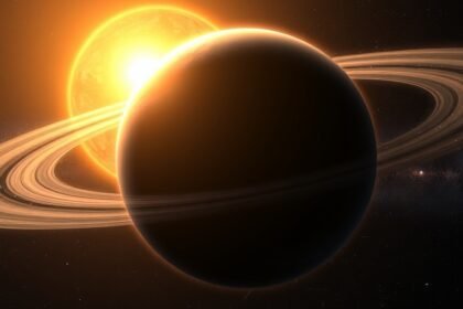 An artist's impression of a hypothetical exoplanet with a thick atmosphere and liquid water, surrounded by a binary star system with a distant galaxy in the background.