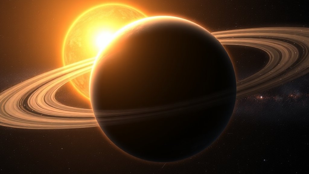 An artist's impression of a hypothetical exoplanet with a thick atmosphere and liquid water, surrounded by a binary star system with a distant galaxy in the background.