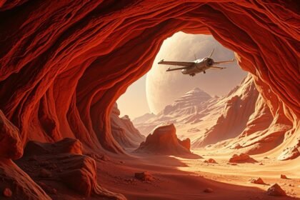A futuristic illustration of a Mars lava tube with microbial life forms and a spaceship in the background, highlighting the intersection of astrobiology and space exploration.